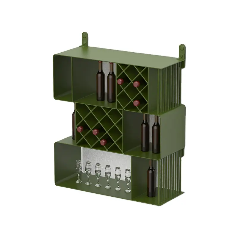 ชั้นวางขวดไวน์3ชั้น,ชั้นโลหะสีเขียวโลหะติดผนังตัดด้วยเลเซอร์แฟชั่นสไตล์นอร์ดิก