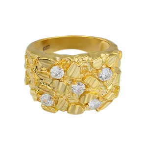 Classical Hip hop real gold plating 925 sterling silver CZ Golden ICY Nugget Mens Ring