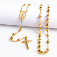 Long Chapelet Religieux en Acier Inoxydable Plaqué Or, Pendentif Vierge Marie et Croix, Collier Catholique