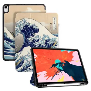 Ukiyoe de cuero genuino cubierta plegable caso a prueba de golpes a prueba funda para iPad Air, iPad Pro 12,9 pulgadas 2020