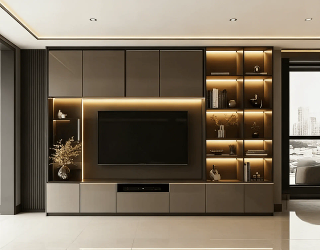 Integrated Two-tone Wood TV Cabinet Floor Mount LED Open Display Shelves Upper Storage Farmhouse Hotel Style Living Room Media