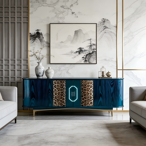Credenza Moderna di Lusso con Stampa Leopardata e Pannello Blu, Ampia Capacità, Mobile Contenitore Resistente per Soggiorno e Appartamento - Product Image 3