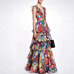 Vestido de noche para mujer con estampado floral, cuello en V, cintura imperio, plisado, vestido largo a capas, vestido largo de moda para fiesta - Product Image 2