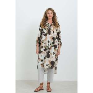 Puane Women's Abstract Patterned Oversize Button-Down Tunic Shirt with Slit Hem, Breathable Khaki Blouse for Casual Wear - Product Image 4