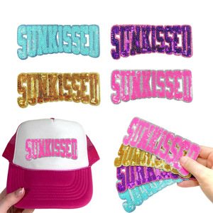 Sports Day Sequin Sunkissed Font Embroidery <strong>Patches</strong> for Caps <strong>Glitter</strong> Laser Cut Border Shiny Spirit Font <strong>Patch</strong> SUNKISSED in Stock - Product Image 1