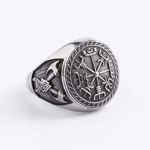 Cincin Viking baja tahan karat pria Nordic perhiasan Retro cincin batu permata salib perak grosir cincin batu permata religius