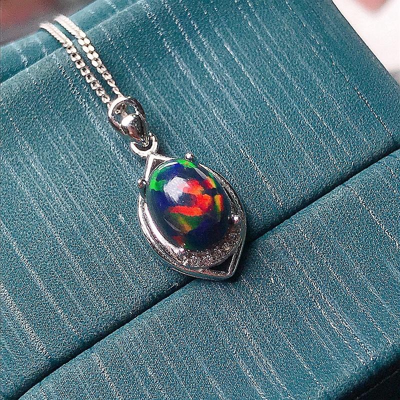 Elegant Natural Black Opal Play-of-Color Pendant Necklace 925