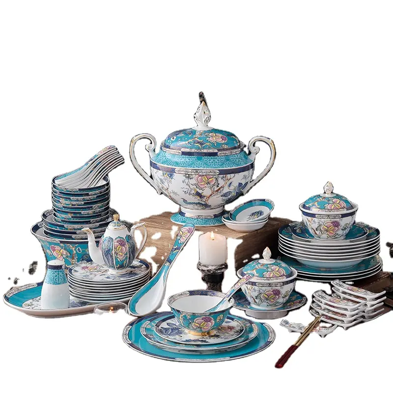 European Style Light Luxury National Tide Bone China Dishes Dinner And Household Combination Set Ceramic Tableware Set Gift