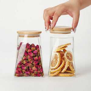 Tarro de cristal transparente con base cónica al por mayor, 350ml, 550ml, 750ml, 950ml, recipiente de cristal para granos, frutos secos y especias con tapa de bambú - Product Image 2