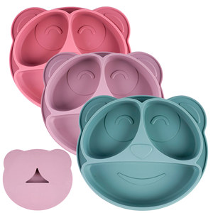 Assiette en silicone pour bébé, plat d'alimentation à trois compartiments avec ventouse, pour nourrissons de 0 à 12 mois, vaisselle en forme de pomme - Product Image 1