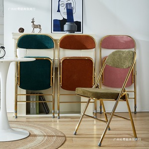 Retro Folding <b>Chair</b> Corduroy Metal Frame With Backrest <b>Dining</b> <b>Chair</b> Nostalgic Style - Product Image 4