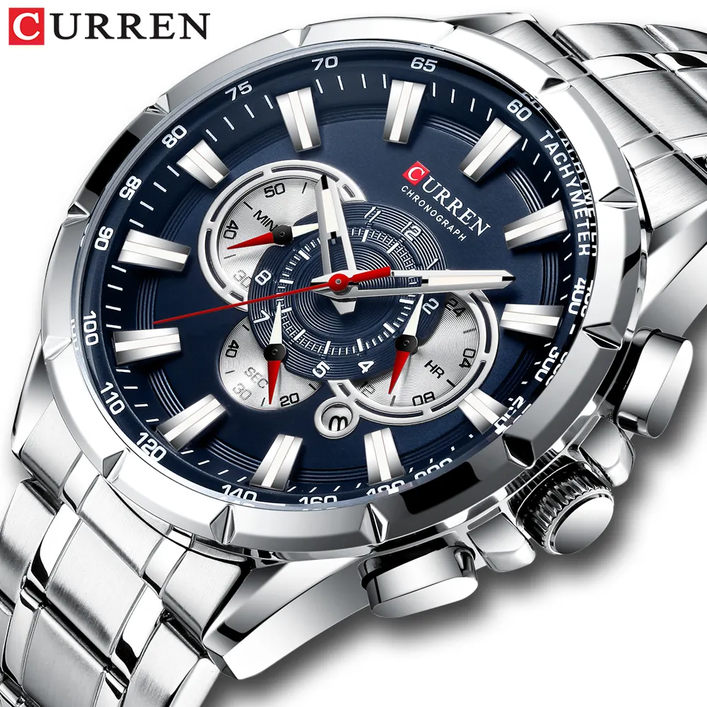 2022 CURREN 8363 New Casual Sport Chronograph Men's Watches Stainless Steel Band Wristwatch Big Dial Quartz Clock