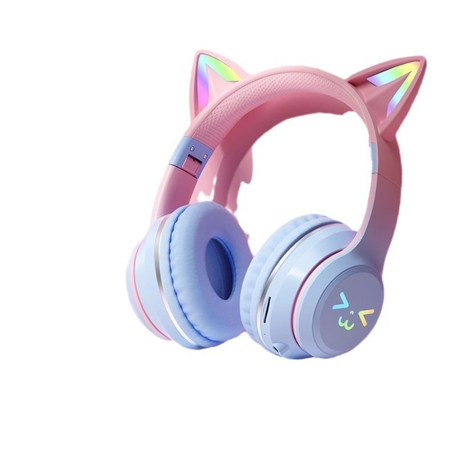 Cute Cat Ear Bluetooth Wireless Foldable Gaming Headphones With Mic Noise Cancel Gradient Color Sports Chipset