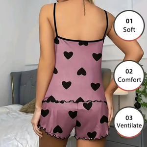 Women's Comfortable Casual Summer Pajama Set <strong>Pink</strong> Heart-Shaped Print Neck T-Shirt Ice <strong>Silk</strong> <strong>Top</strong> with Front Logo T-Shirts Shorts - Product Image 3
