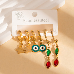 Juego de Aretes de Acero Inoxidable Chapados en Oro para Mujer, Aretes Colgantes Vintage con Diseño de Ojo de Demonio, Corazón y Trébol de Cuatro Hojas, Joyería Impermeable - Product Image 4