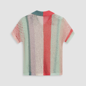 Camiseta de punto a rayas con botones y solapa, holgada, de color contrastante, de manga corta, estilo crochet, para mujer, al por mayor - Product Image 6