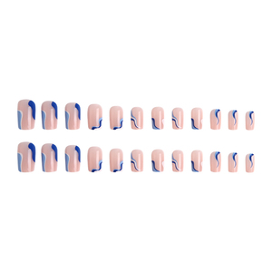 24 Uñas Postizas Cuadradas Medianas con Diseño de Ondas Azules, Uñas Artificiales Reutilizables en <span class=keywords><strong>Rosa</strong></span> Nude con Pestañas Adhesivas - Product Image 4