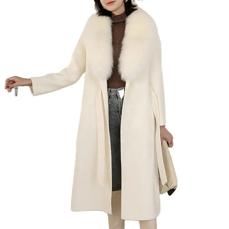 New Fashion Woolen Oversized Fox Fur Collar Coats Winter White Wool Long Cashmere Coat For Women