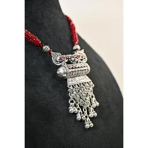 Manish Jewellers Ethnic 925 <b>Silver</b> Natural Stone Beaded Necklace Oxidised Jantar Inlay Claw Setting Pendant Customized Women's - Product Image 3