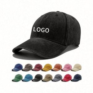 Custom Logo Embroidered Adult Casual Distressed Cotton Baseball <b>Cap</b> <b>Flat</b> Brim Velcro Closure Washed Finish Promotional Use - Product Image 1
