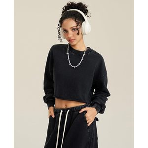 Sudadera Corta de Mujer KEEPSHOWING con Lavado Ácido, Manga Larga, Cuello Redondo, Hombros Caídos, Forro Polar, Estilo Casual Vintage - Product Image 3