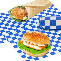 Papier d'emballage pour burgers imperméable, biodégradable, résistant à la graisse, imprimé à carreaux, avec logo personnalisé, enduit de silicone, pour produits alimentaires et pains.
