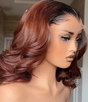 Perruque courte bob en cheveux humains, ondulée, pré-épilée, avec dentelle HD 13x4 sans colle, ligne de cheveux en M, couleur brun roux ombré, modèle Lagos