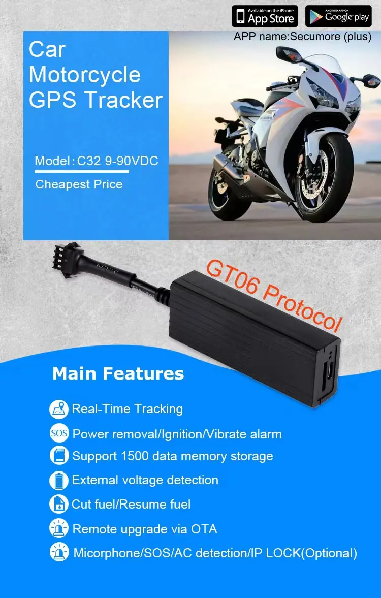 Original Secumore Factory Mini protocole GT06 le moins cher dispositif de suivi de moto vélo GPS Tracker C32