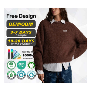 Certification GRS Pull en tricot personnalisé pour femmes Fuzzy Crew Brown High Quality Alpaca Wool Jumper Winter Warm Sweater for Boxy Fit - Product Image 1
