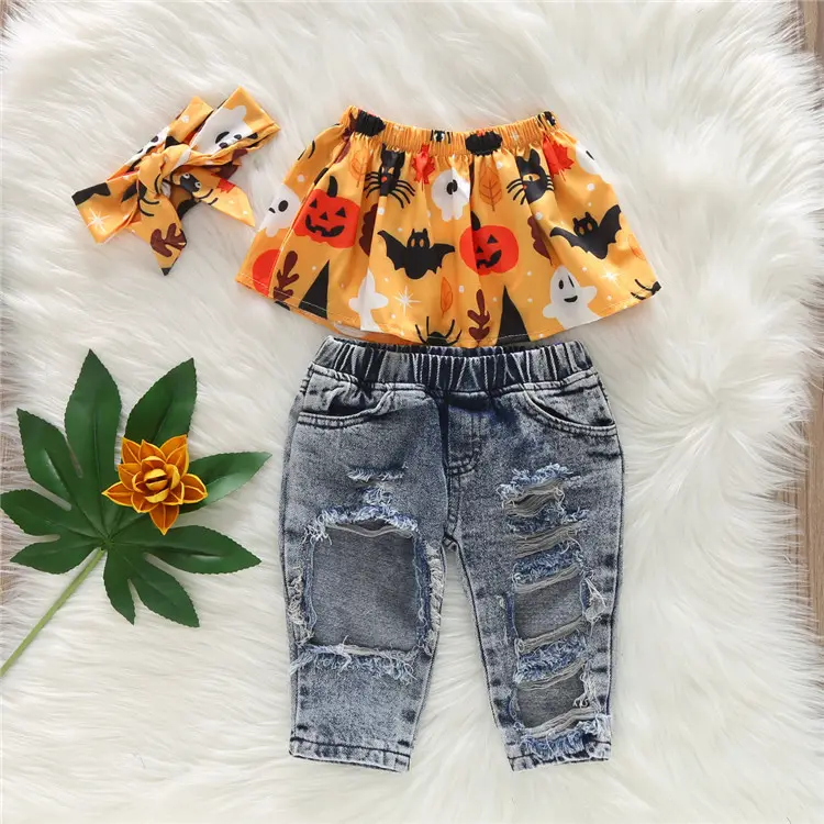Ghy110 conjunto camisa + calça jeans floral, conjunto de 2 peças de camisa jeans para meninas, com top rasgado e calça
