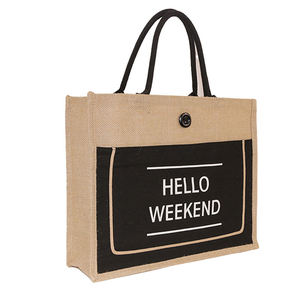 Sac fourre-tout réutilisable en toile de jute, lin, chanvre et coton blanc, personnalisable avec logo, avec poche avant, idéal pour la plage, le shopping ou comme sac cadeau. - Product Image 2