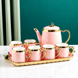 Luxe Noorse gouden rand keramische theepot koffiekop schotelset porseleinen afternoon <span class=keywords><strong>tea</strong></span> sets met dienblad handgreep cadeauverpakking - Product Image 3