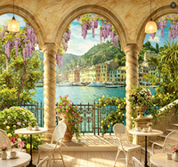 Papier peint mural Paysage Côtier Italien avec Arche en Pierre et Glycine pour Décoration Murale de Salon, Hôtel, Café