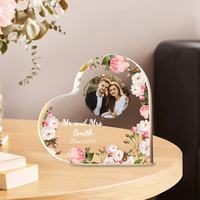 Cadre photo personnalisé en acrylique en forme de cœur, plaque nominative florale personnalisée, décoration de mariage, anniversaire, décoration de la maison, cadeau