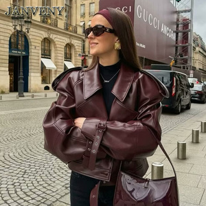 JANVENY 2025 nuova <span class=keywords><strong>giacca</strong></span> autunno tinta unita colletto con risvolto corto in finta pelle da <span class=keywords><strong>donna</strong></span> a maniche lunghe con tasche larghe in pelle sintetica - Product Image 1