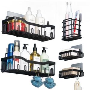 Étagère de douche d'angle moderne noire brossée, installation facile, auto-adhésive, murale, organisateur de salle de bain, support en métal, fabrication industrielle - Product Image 1