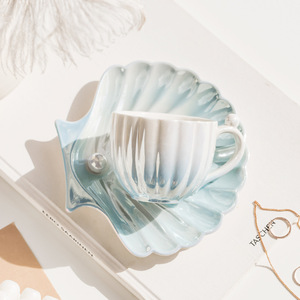 Tasse à café et soucoupe en céramique à dégradé de couleur, vente chaude, coquille de perle, pour le petit-déjeuner à la maison, tasses à thé avec plateau - Product Image 6