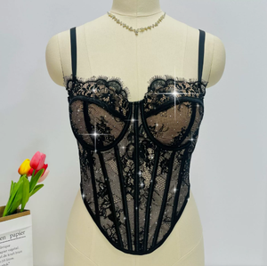Lingerie Saint-Valentin : <span class=keywords><strong>Soutien</strong></span>-<span class=keywords><strong>gorge</strong></span> sexy et Corset Top Saint-Valentin en dentelle noire orné de strass, fin, respirant, haut de gamme, push-up, avec baleines et crochets robustes, logo - Product Image 4