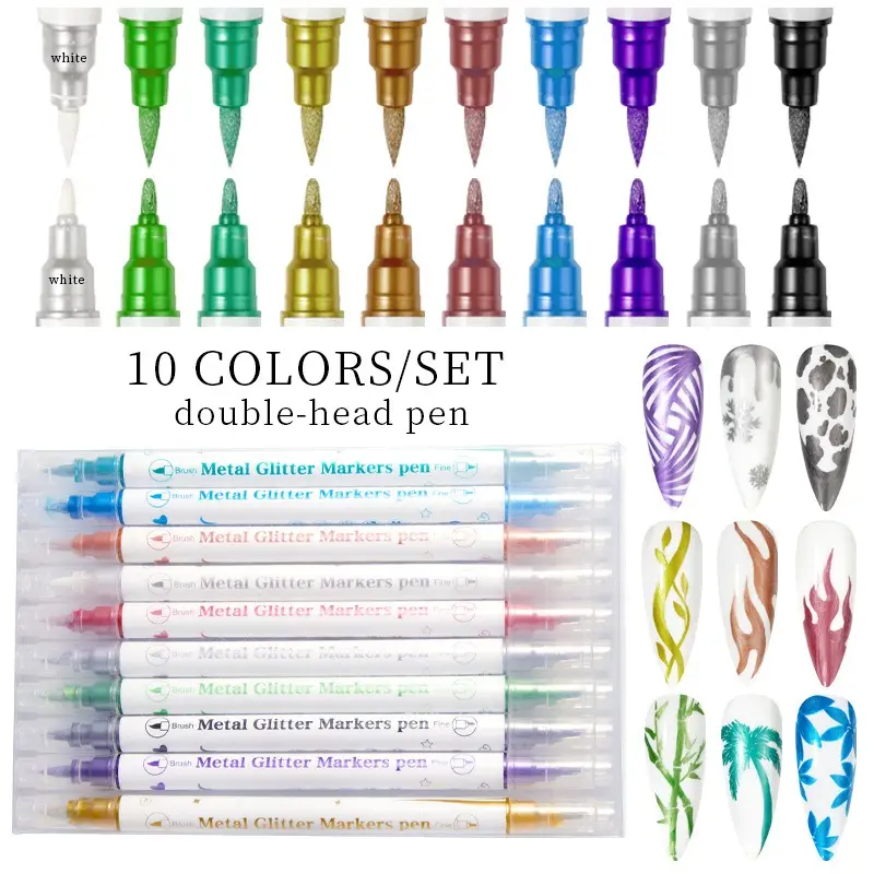 10 Color Metal Glitter 3D Nail Art Pens Set Double-ended Nail Point Graffiti Dotting Pen Drawing Painting