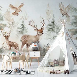 Carta da Parati Adesiva con Paesaggio Invernale e Cervi, Decorazione Murale Personalizzata con Animali e Piante per Camere dei Bambini e Soggiorni - Product Image 3