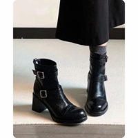 Bottines courtes pour femmes, style rétro grunge urbain, à bout rond, plateforme, talon bloc, en similicuir brillant, très tendance
