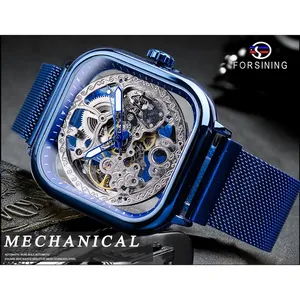 Forsining Blue Montres pour hommes Montre carrée habillée mécanique automatique à la mode Horloge analogique à bracelet en acier à mailles fines - Product Image 2