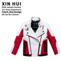 Blouson Enfant Style Moto Racing Rouge et Blanc Colorblock en Cuir PU, Veste de Motard Personnalisée OEM pour Garçons avec Manches Matelassées