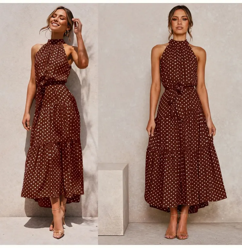 Vestido longo polka dot casual, vestido preto sexy sem alças e de férias