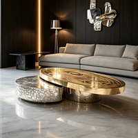 Table Basse Moderne de Luxe en Acier Inoxydable Gravé, Ensemble de Tables d'Appoint Ovales Dorées et Argentées, Table Centrale de Designer Artistique