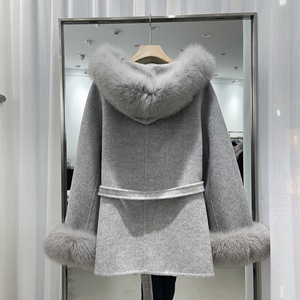 Abrigo de Lana <span class=keywords><strong>con</strong></span> <span class=keywords><strong>Capucha</strong></span> y Ribete de Piel de Zorro Auténtica para <span class=keywords><strong>Mujer</strong></span>, Abrigo de Doble Cara <span class=keywords><strong>con</strong></span> Cinturón, Chaqueta de Piel de Animal de Lujo para Invierno - Product Image 2