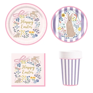DAMAI Easter Decoration Disposable Tableware Paper Plate Napkins Tablecloth with Rabbit and Flower Party Tableware Set - Product Image 1