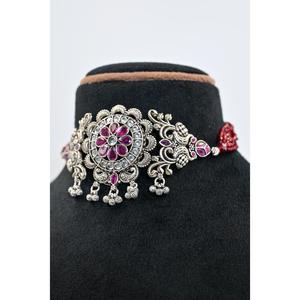 Vintage Flower <b>Choker</b> Necklace with Rhinestone and Red Beads for Women Wedding Jewelry Antique <b>Silver</b> Plated Alloy - Product Image 3