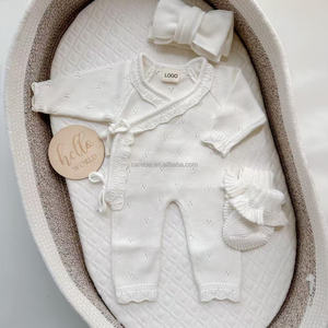 Low MOQ Custom Long Legs Wrap Style Lace Hem Romper <strong>Newborn</strong> Spring Sweaters <strong>Outfit</strong> Baby Girl Precious Soft Cotton Bodysuit - Product Image 2