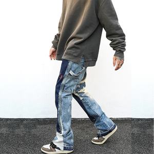 Custom <b>Men</b> Vintage Light Blue Patchwork Stacked Straight Distressed Leg Paints Splatter <b>Flared</b> Denim Carpenters <b>Jeans</b> - Product Image 3